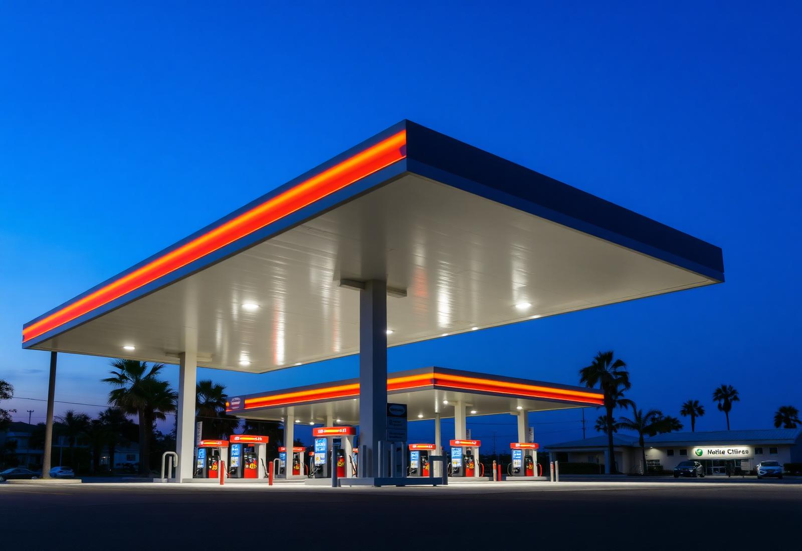 Modern fuel station at dusk