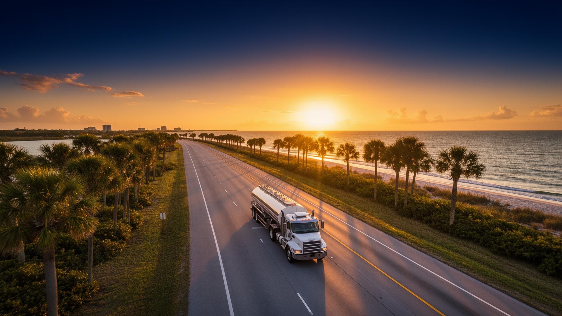 Fuel tanker on a Florida coastal highway at sunset